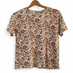 White Stag Women's M Vintage 100% Cotton Rose Print Floral Pink Brown Knit Top